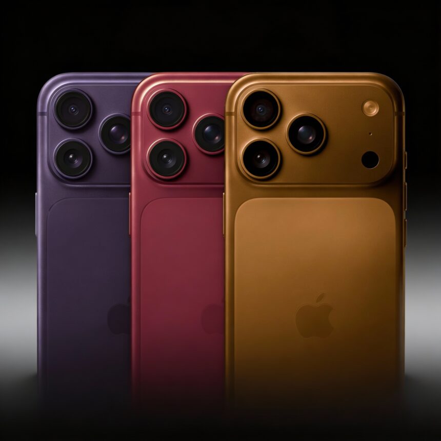 A mockup of the iPhone 18 Pro showing a smaller Dynamic Island and a triple-lens camera system.